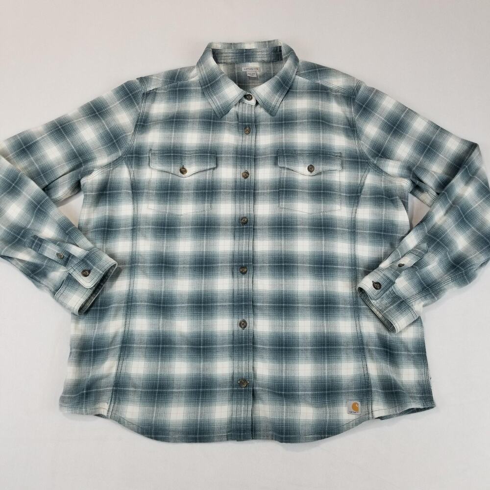 Carhartt Shirt Mens 2XL Blue Gray Plaid Button Down Flannel Stretch Casual - Picture 8 of 8